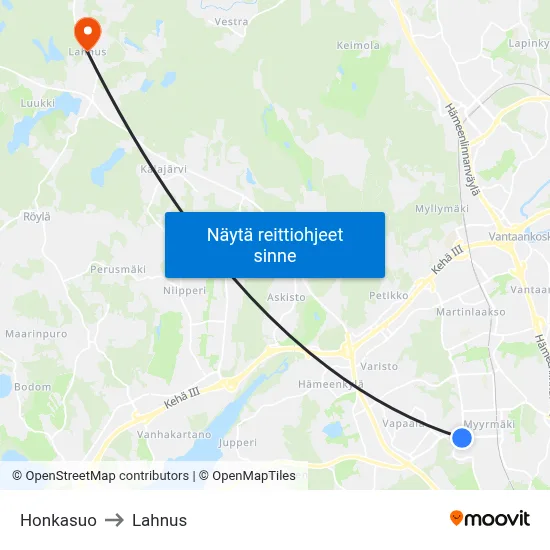 Honkasuo to Lahnus map