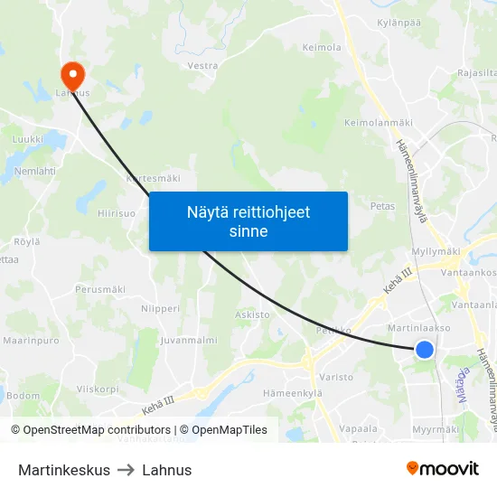 Martinkeskus to Lahnus map