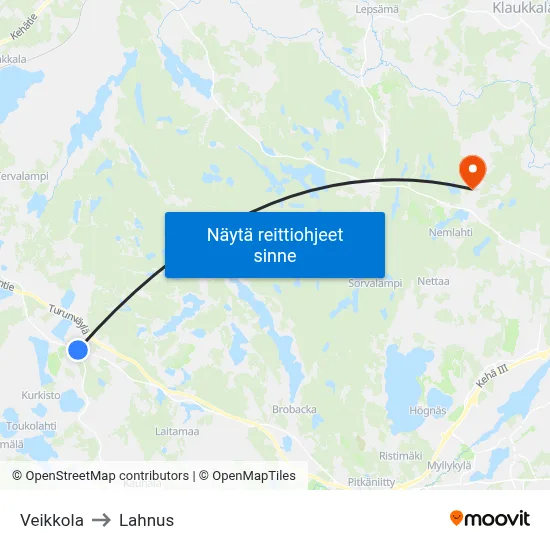 Veikkola to Lahnus map
