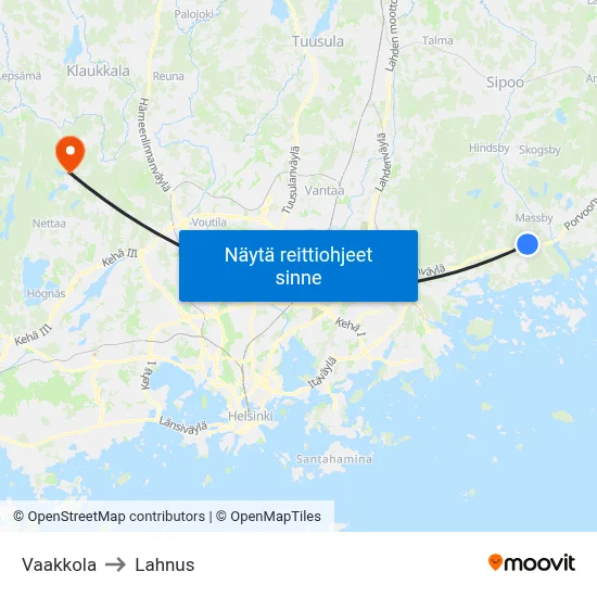 Vaakkola to Lahnus map