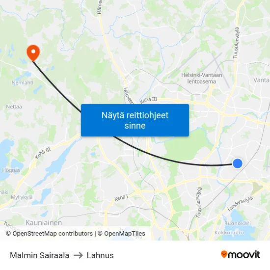 Malmin Sairaala to Lahnus map