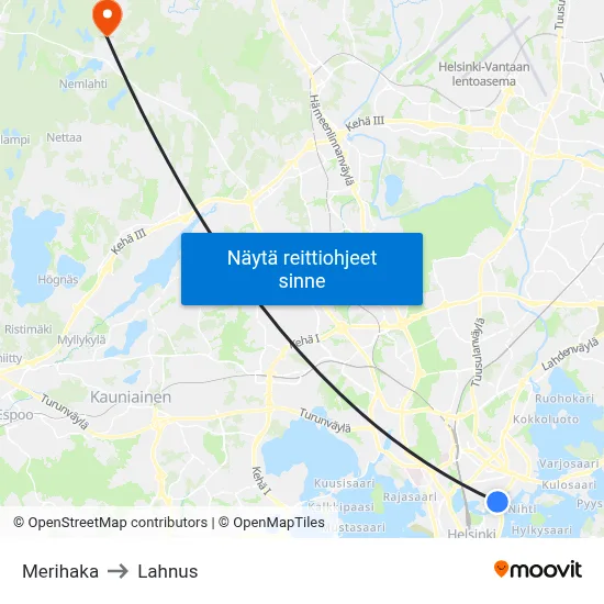 Merihaka to Lahnus map