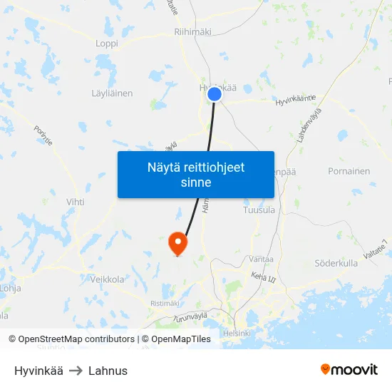 Hyvinkää to Lahnus map