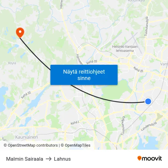Malmin Sairaala to Lahnus map