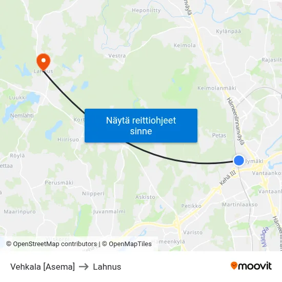 Vehkala [Asema] to Lahnus map