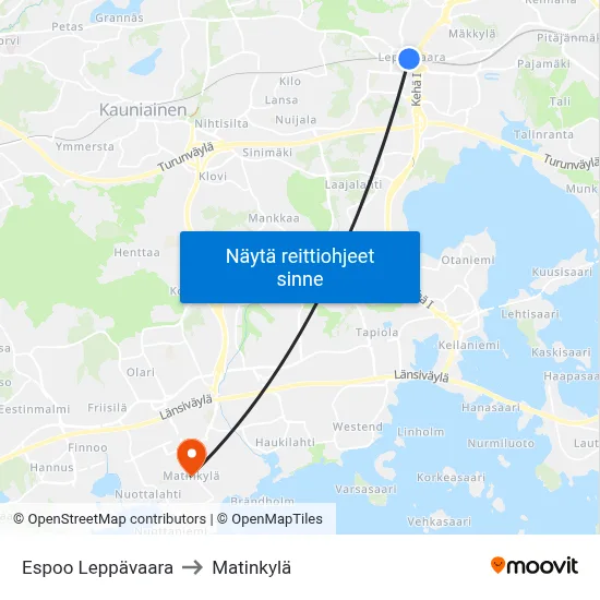 Espoo Leppävaara to Matinkylä map