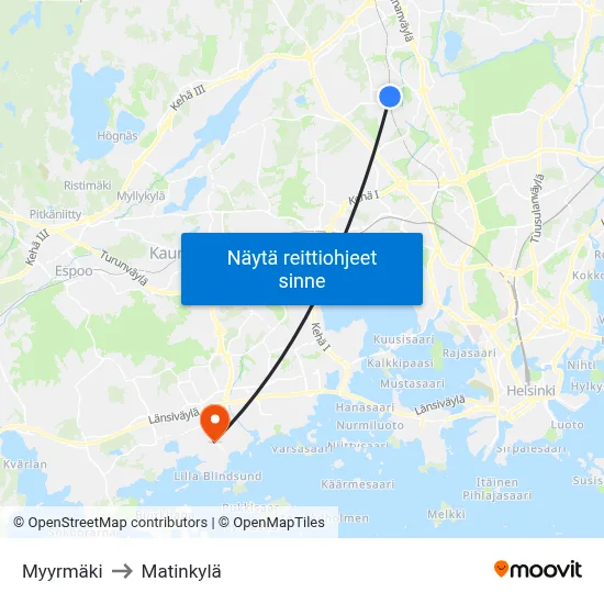 Myyrmäki to Matinkylä map