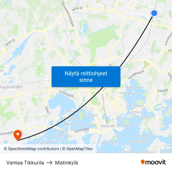 Vantaa Tikkurila to Matinkylä map