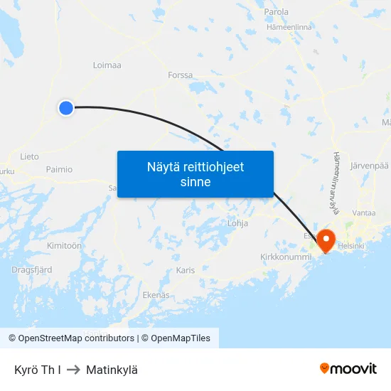 Kyrö Th I to Matinkylä map