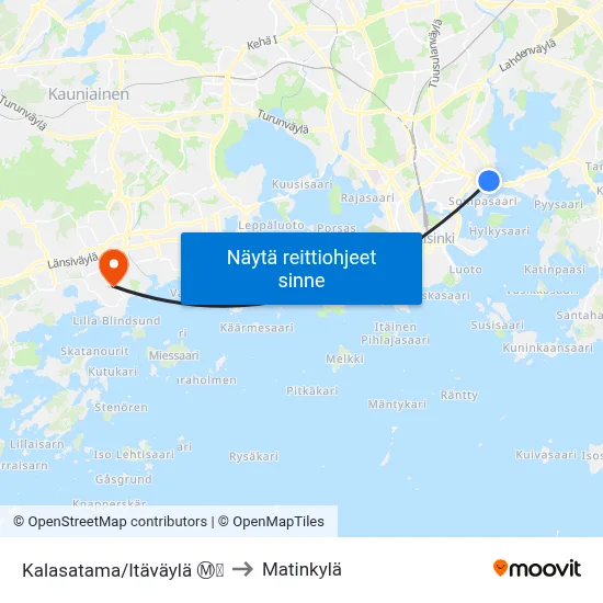 Kalasatama/Itäväylä Ⓜ️🛍️ to Matinkylä map