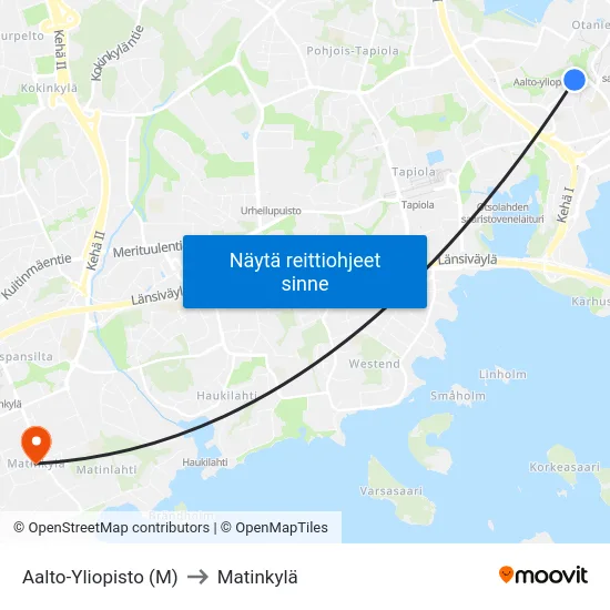 Aalto-Yliopisto (M) to Matinkylä map