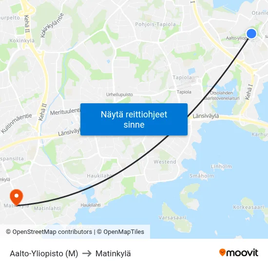Aalto-Yliopisto (M) to Matinkylä map