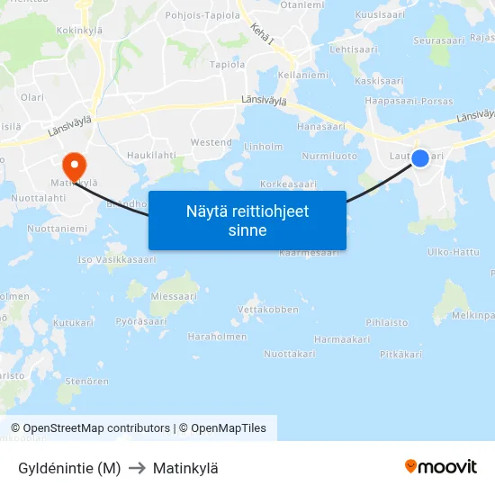 Gyldénintie (M) to Matinkylä map