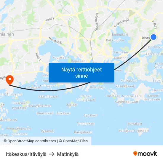Itäkeskus/Itäväylä to Matinkylä map