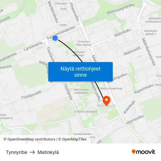 Tynnyritie to Matinkylä map