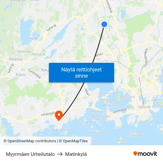 Myyrmäen Urheilutalo to Matinkylä map