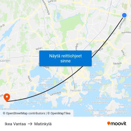 Ikea Vantaa to Matinkylä map