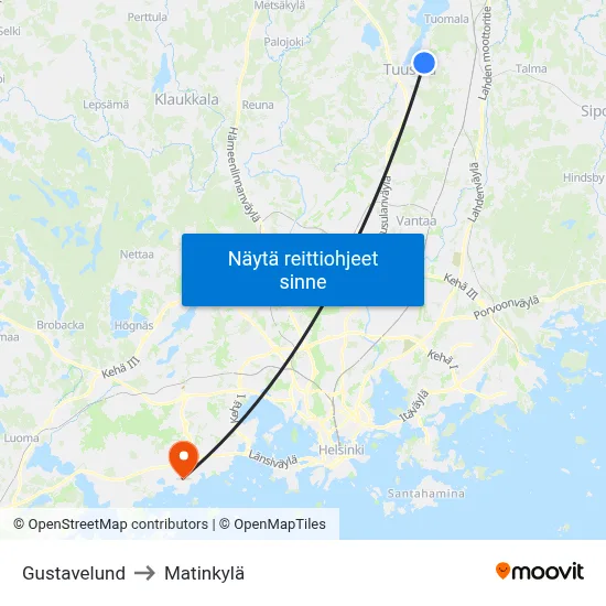 Gustavelund to Matinkylä map