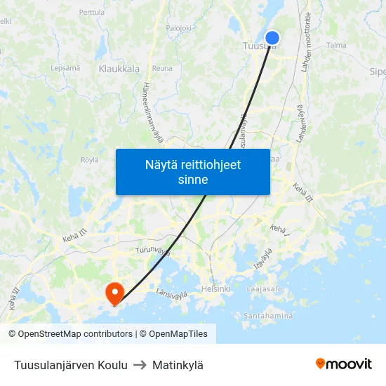 Tuusulanjärven Koulu to Matinkylä map