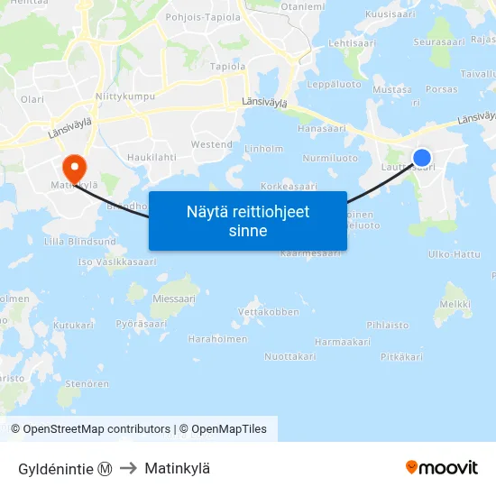 Gyldénintie Ⓜ️ to Matinkylä map