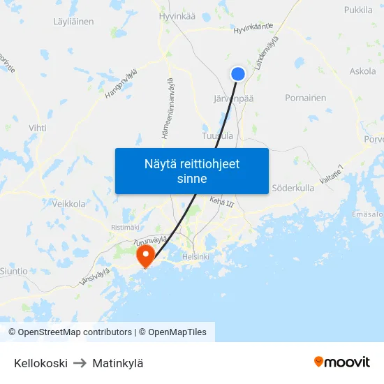 Kellokoski to Matinkylä map