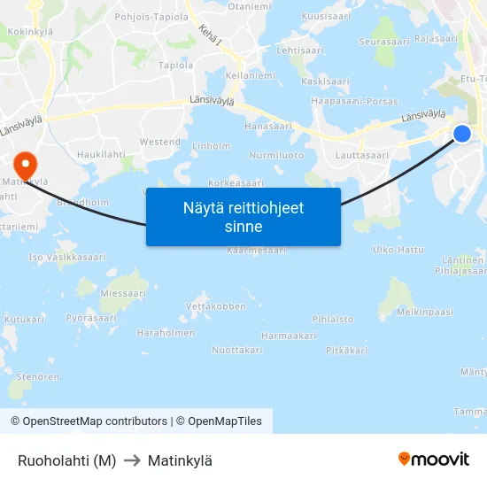 Ruoholahti (M) to Matinkylä map