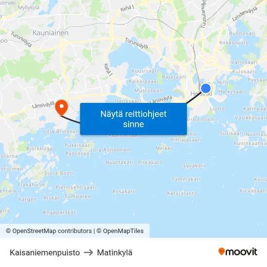 Kaisaniemenpuisto to Matinkylä map