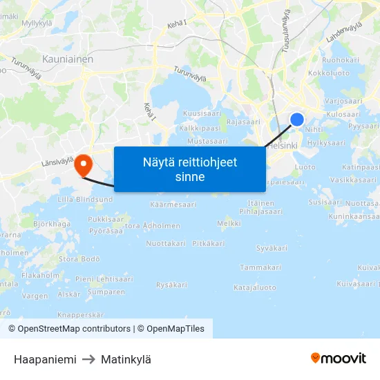 Haapaniemi to Matinkylä map