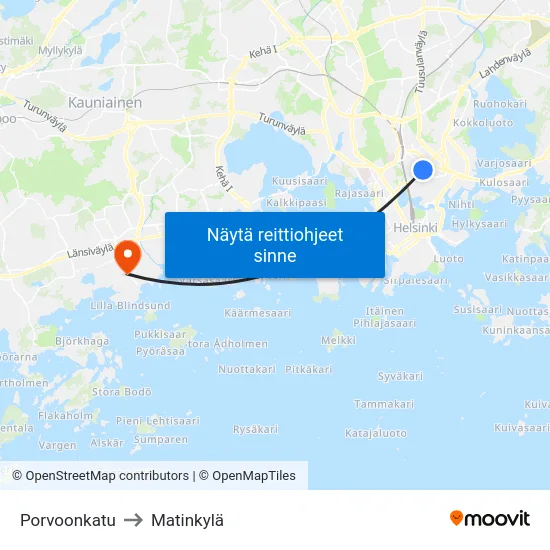 Porvoonkatu to Matinkylä map