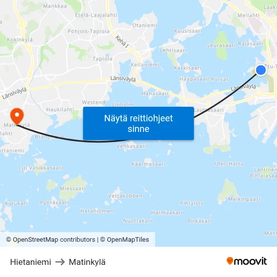 Hietaniemi to Matinkylä map