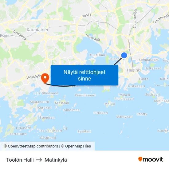 Töölön Halli to Matinkylä map