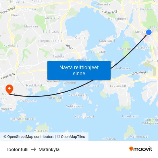 Töölöntulli to Matinkylä map