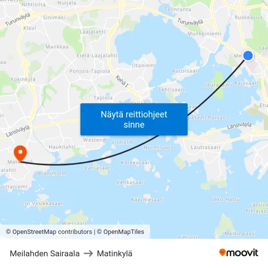 Meilahden Sairaala to Matinkylä map