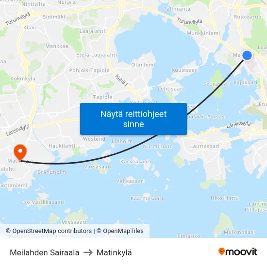 Meilahden Sairaala to Matinkylä map