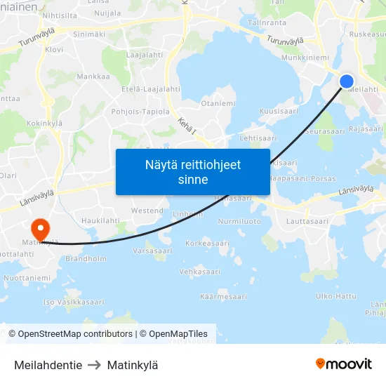 Meilahdentie to Matinkylä map