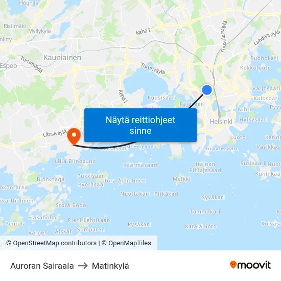 Auroran Sairaala to Matinkylä map