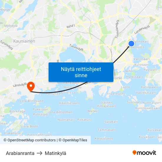 Arabianranta to Matinkylä map
