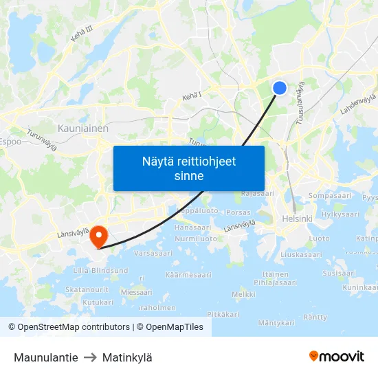 Maunulantie to Matinkylä map