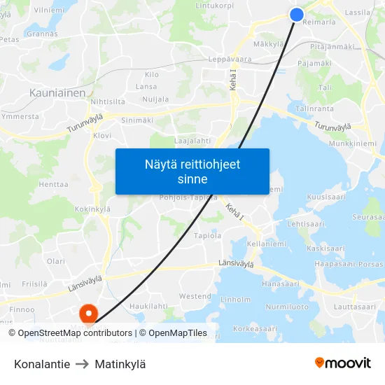 Konalantie to Matinkylä map