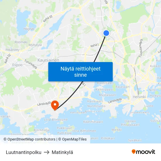 Luutnantinpolku to Matinkylä map
