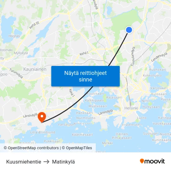 Kuusmiehentie to Matinkylä map