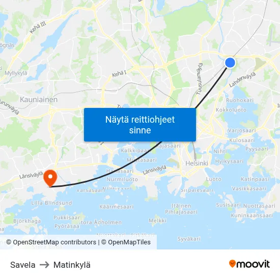 Savela to Matinkylä map