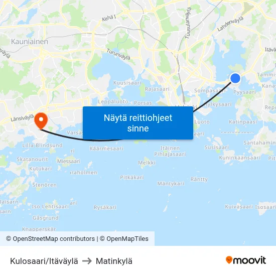 Kulosaari/Itäväylä to Matinkylä map