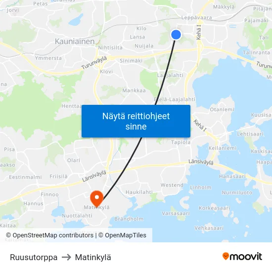 Ruusutorppa to Matinkylä map
