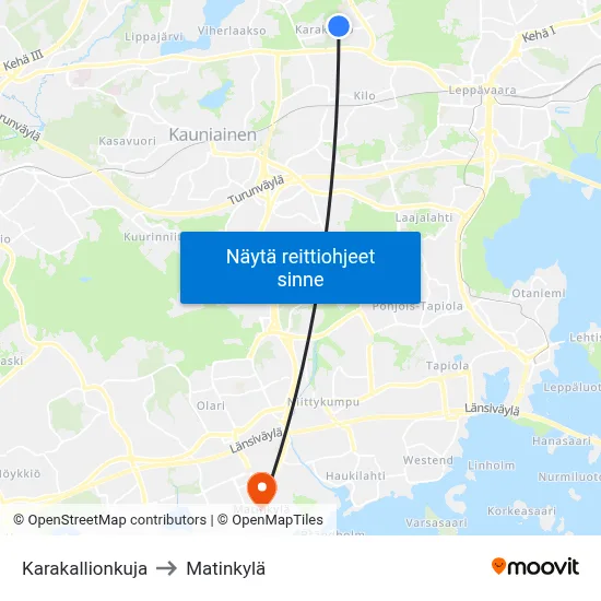 Karakallionkuja to Matinkylä map