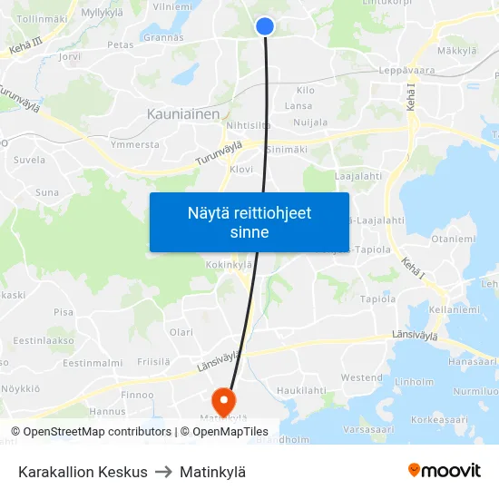 Karakallion Keskus to Matinkylä map