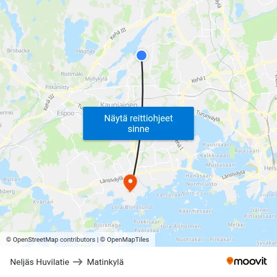 Neljäs Huvilatie to Matinkylä map