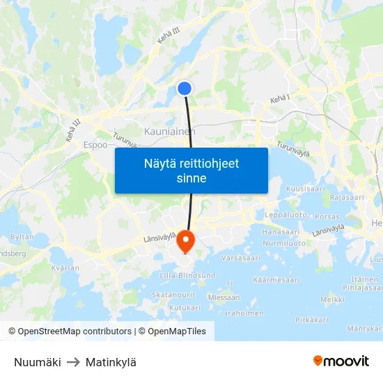 Nuumäki to Matinkylä map