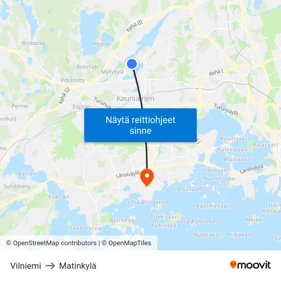Vilniemi to Matinkylä map