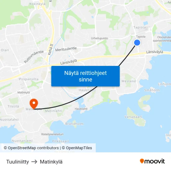 Tuuliniitty to Matinkylä map
